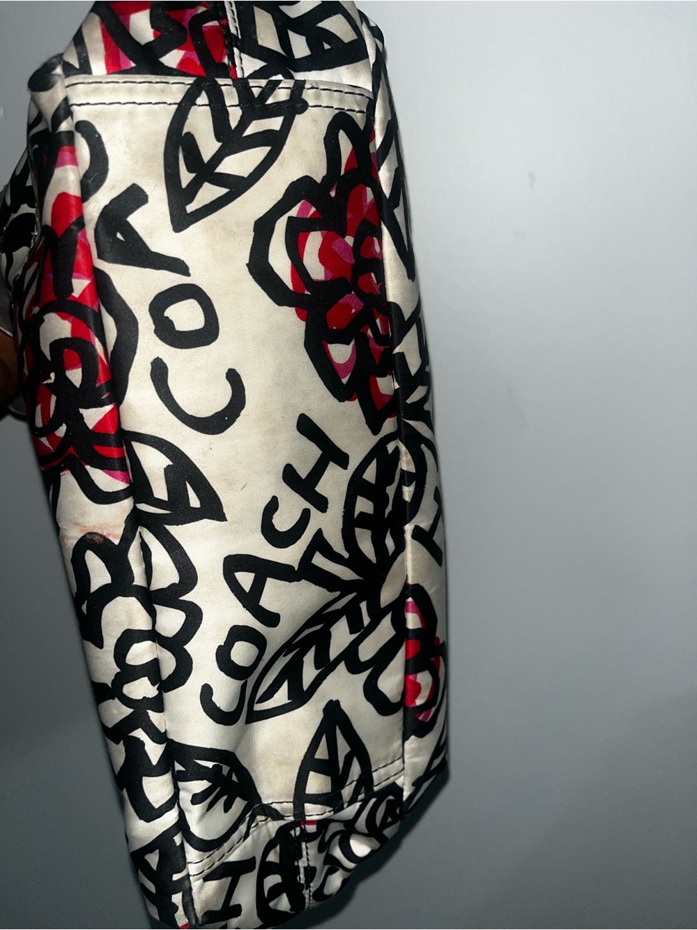 Coach Ivory Canvas Floral Tote with Black Straps and Red Flower Accents - Picture 10 of 16